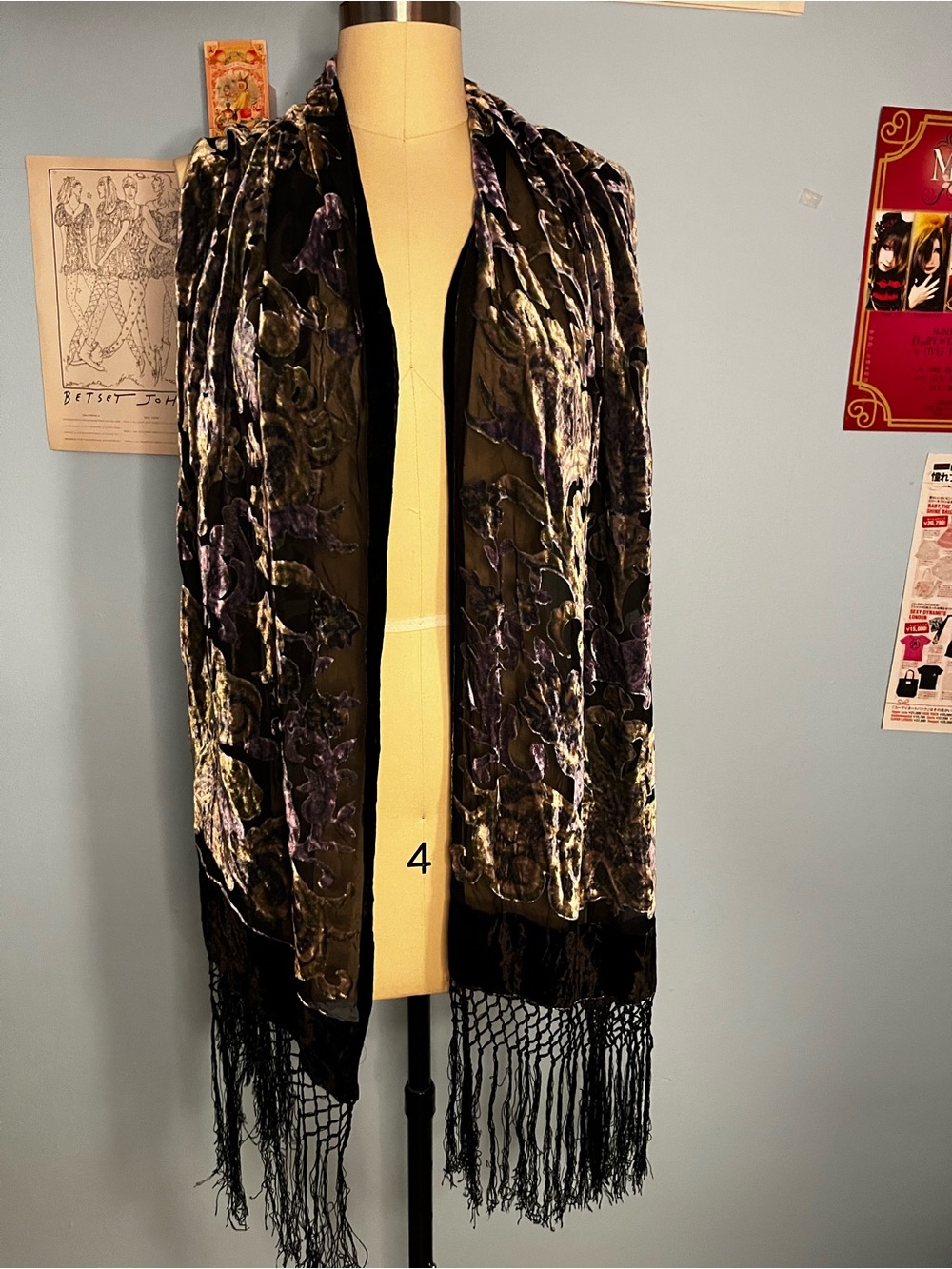 Iridescent Burnout Velvet Fringe Shawl Whimsigoth Bohemian Scarf